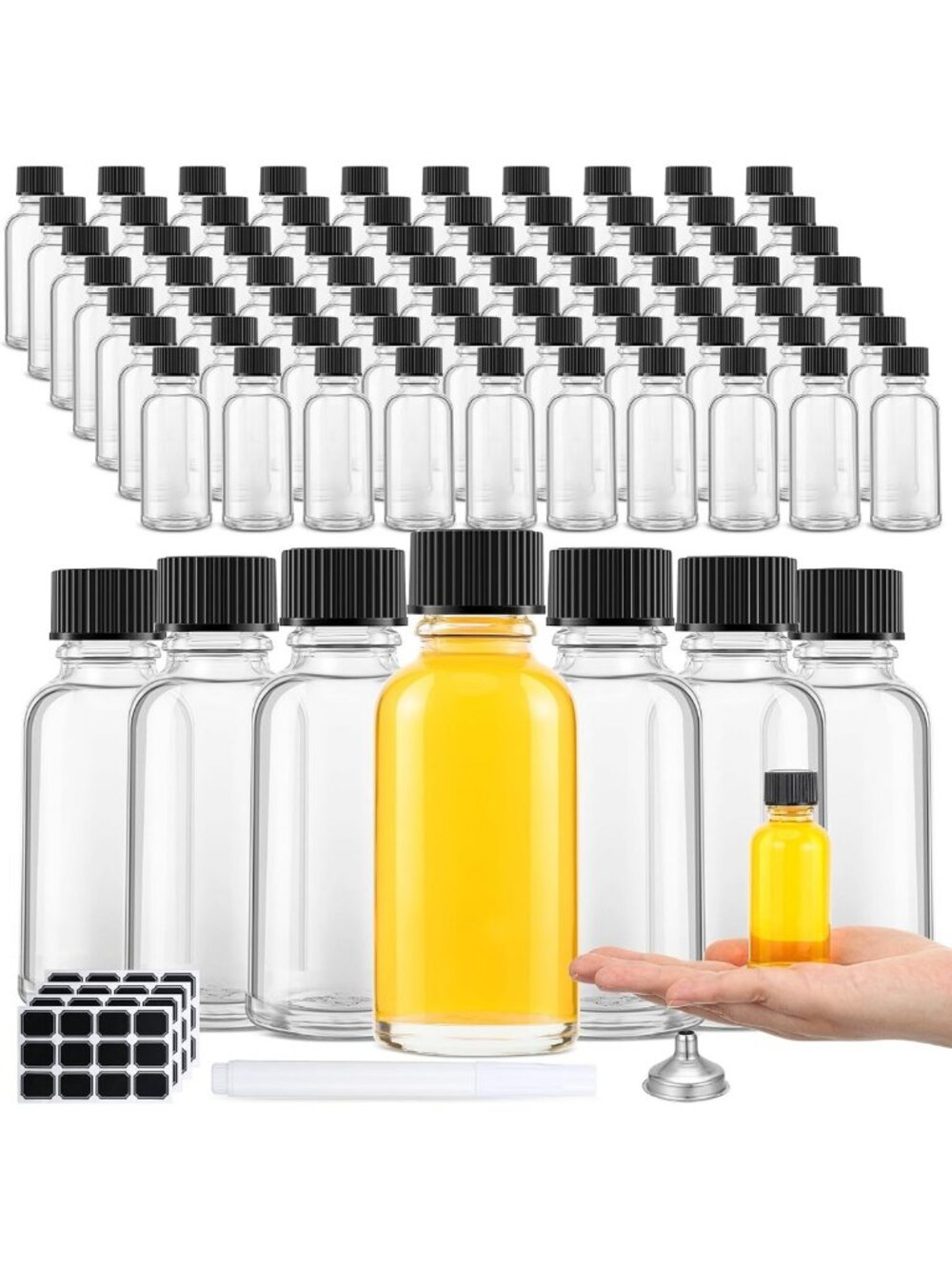 100 Pcs 1 oz Clear Glass Bottles with Black Caps - Perfect for DIY & Storage